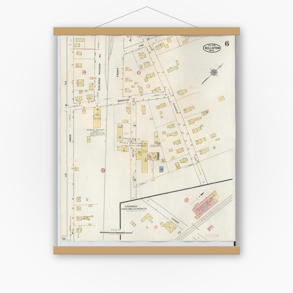 Old map wall art mockup — magnetic wood frame on white wall — Sanborn Fire Insurance Map from Holliston, Middlesex County, Massachusetts (1942), Sheet #0006