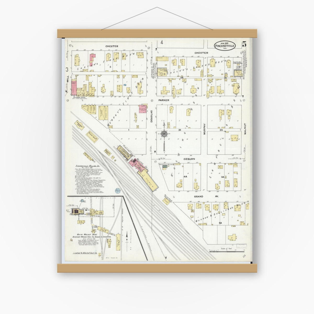 Old map wall art mockup — magnetic wood frame on white wall — Sanborn Fire Insurance Map from Pinckneyville, Perry County, Illinois (1910), Sheet #0005