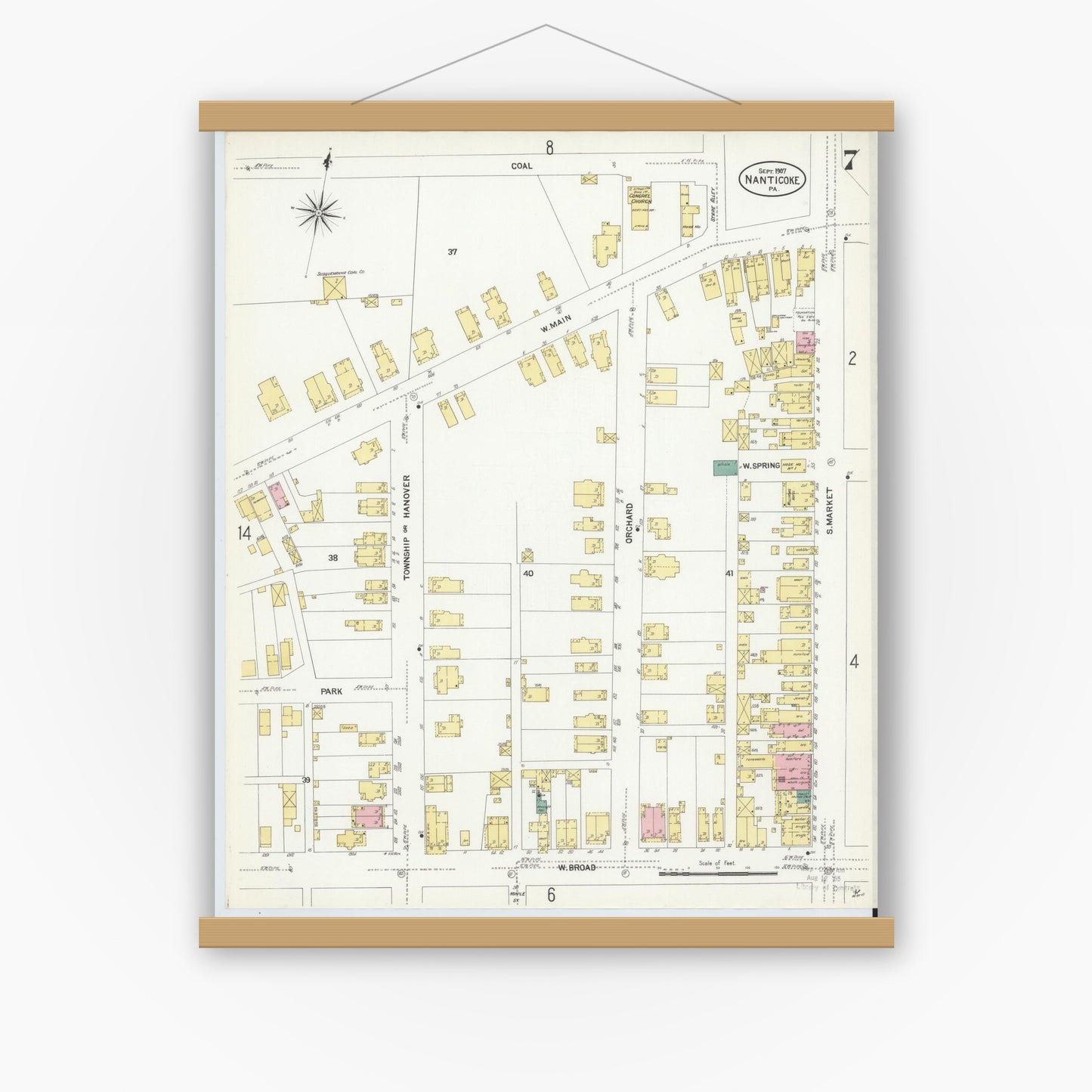 Old map wall art mockup — magnetic wood frame on white wall — Sanborn Fire Insurance Map from Nanticoke, Luzerne County, Pennsylvania (1907), Sheet #0007