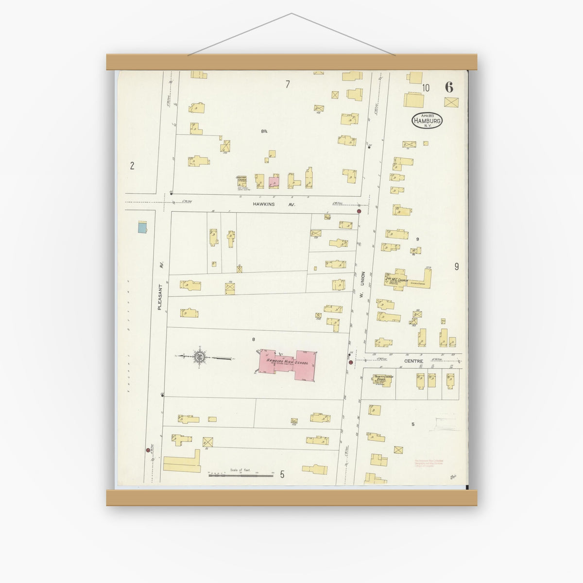 Old map wall art mockup — magnetic wood frame on white wall — Sanborn Fire Insurance Map from Hamburg, Erie County, New York (1913), Sheet #0006