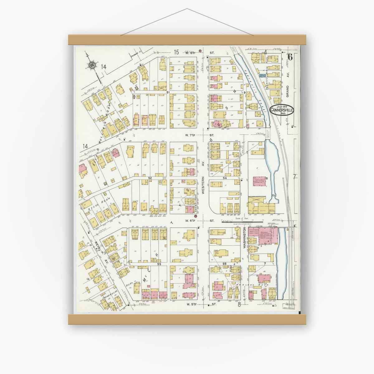 Old map wall art mockup — magnetic wood frame on white wall — Sanborn Fire Insurance Map from Connersville, Fayette County, Indiana (1919), Sheet #0006