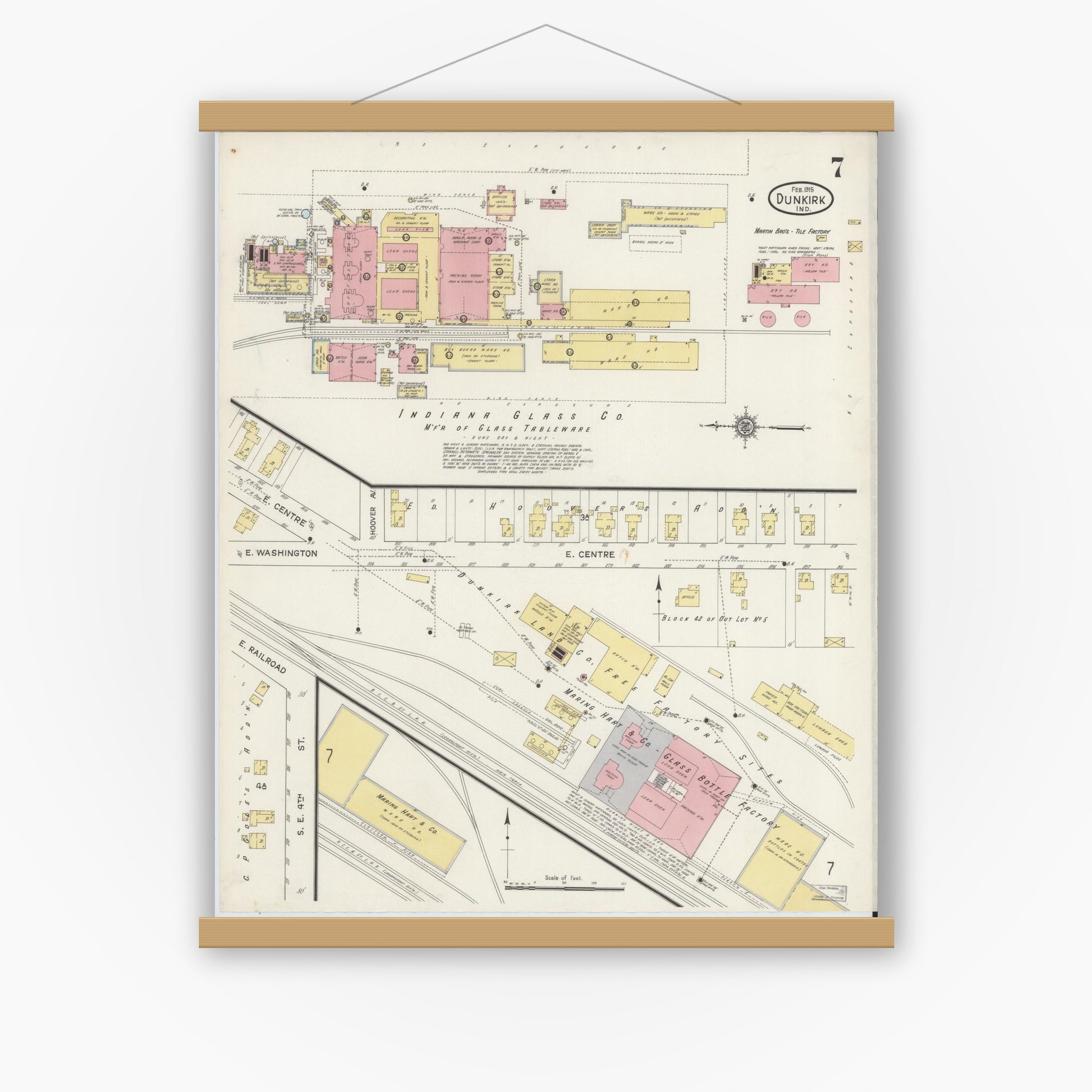 Old map wall art mockup — magnetic wood frame on white wall — Sanborn Fire Insurance Map from Dunkirk, Jay And Blackford Counties, Indiana (1915), Sheet #0007