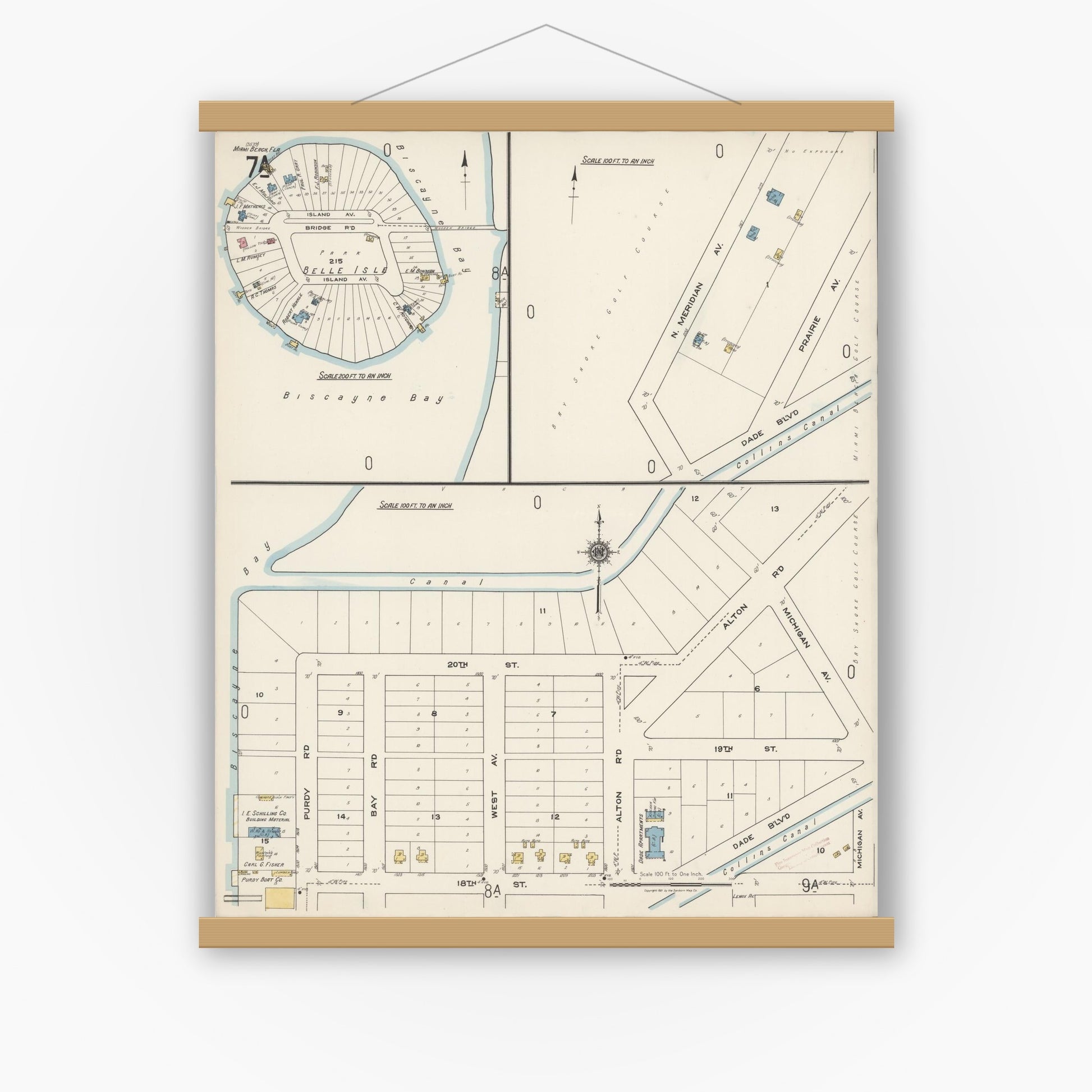 Old map wall art mockup — magnetic wood frame on white wall — Sanborn Fire Insurance Map from Miami Beach, Dade County, Florida (1921), Sheet #0007