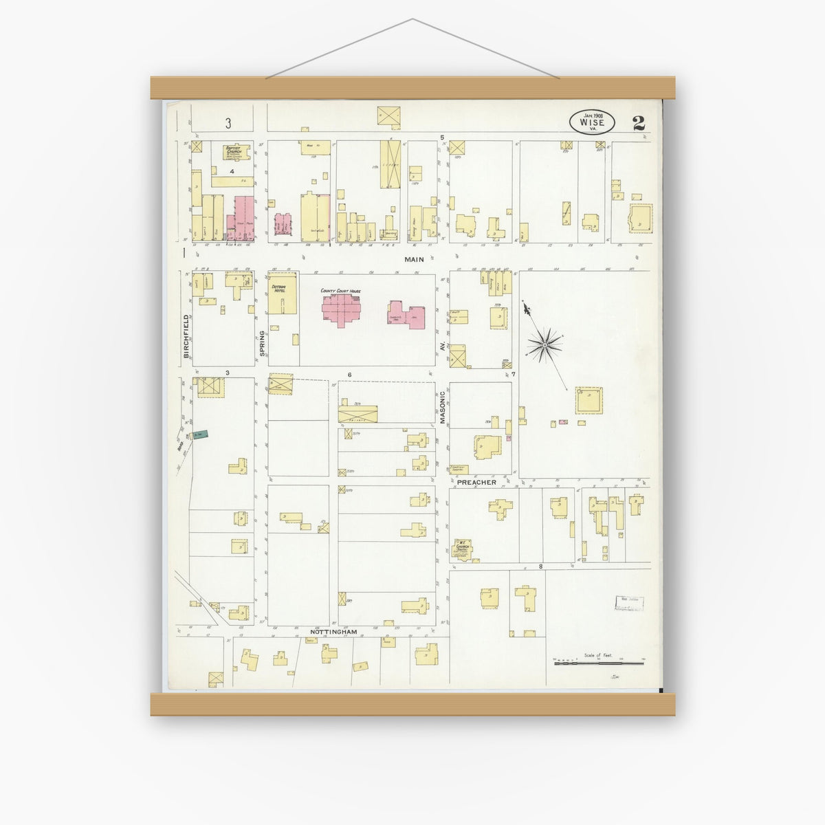 Old map wall art mockup — magnetic wood frame on white wall — Sanborn Fire Insurance Map from Wise, Wise County, Virginia (1908), Sheet #0002