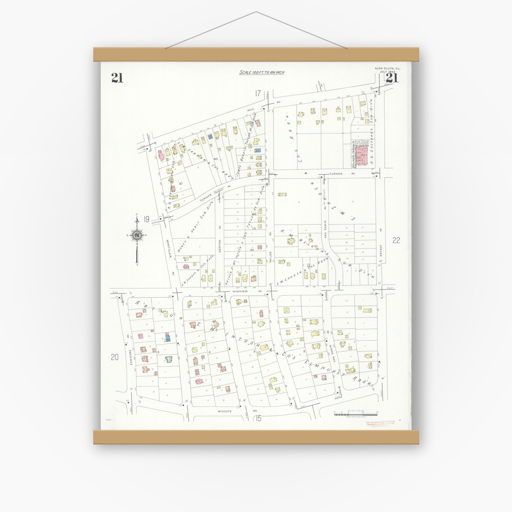 Old map wall art mockup — magnetic wood frame on white wall — Sanborn Fire Insurance Map from Glen Ellyn, Du Page County, Illinois (1940), Sheet #0021