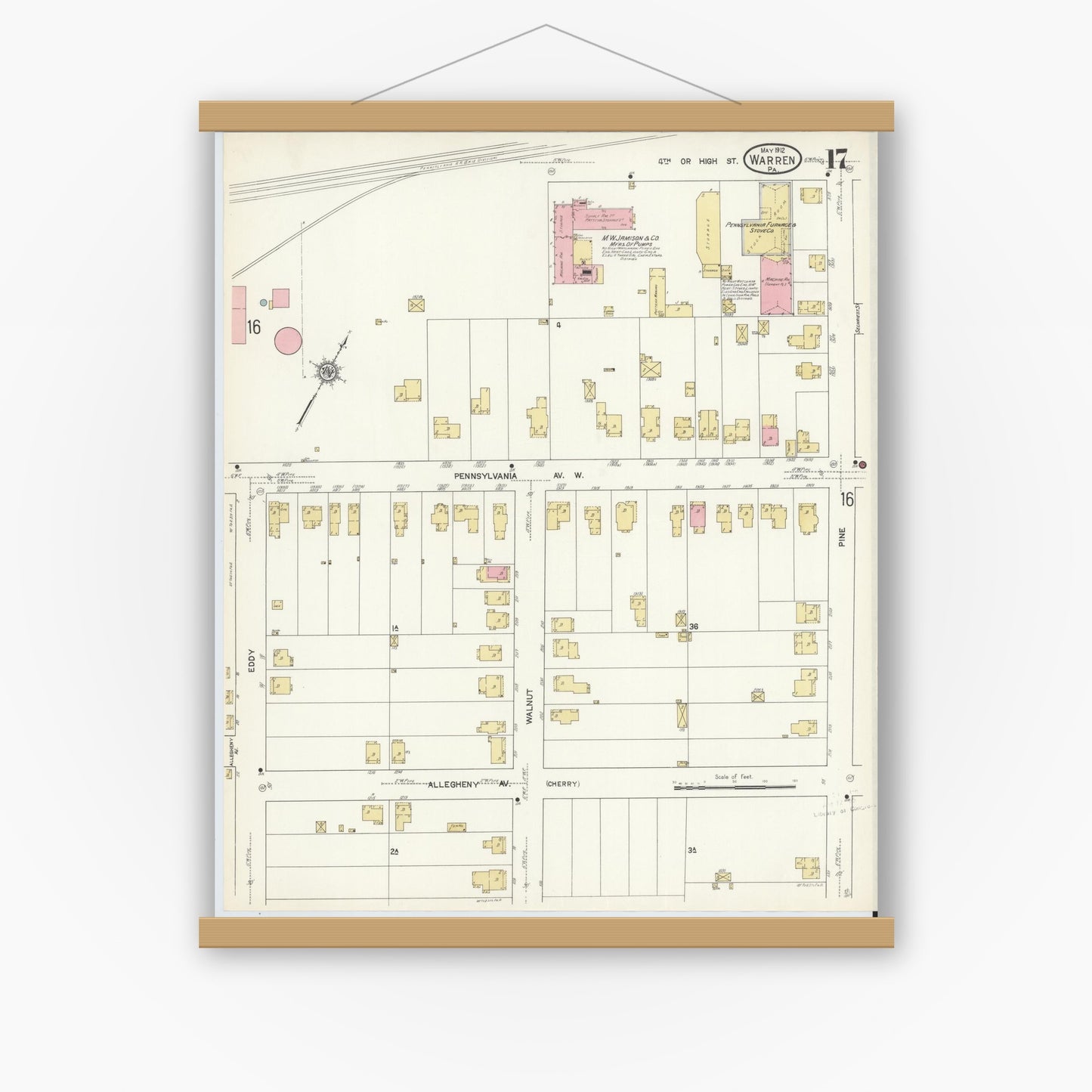 Old map wall art mockup — magnetic wood frame on white wall — Sanborn Fire Insurance Map from Warren, Warren County, Pennsylvania (1912), Sheet #0017