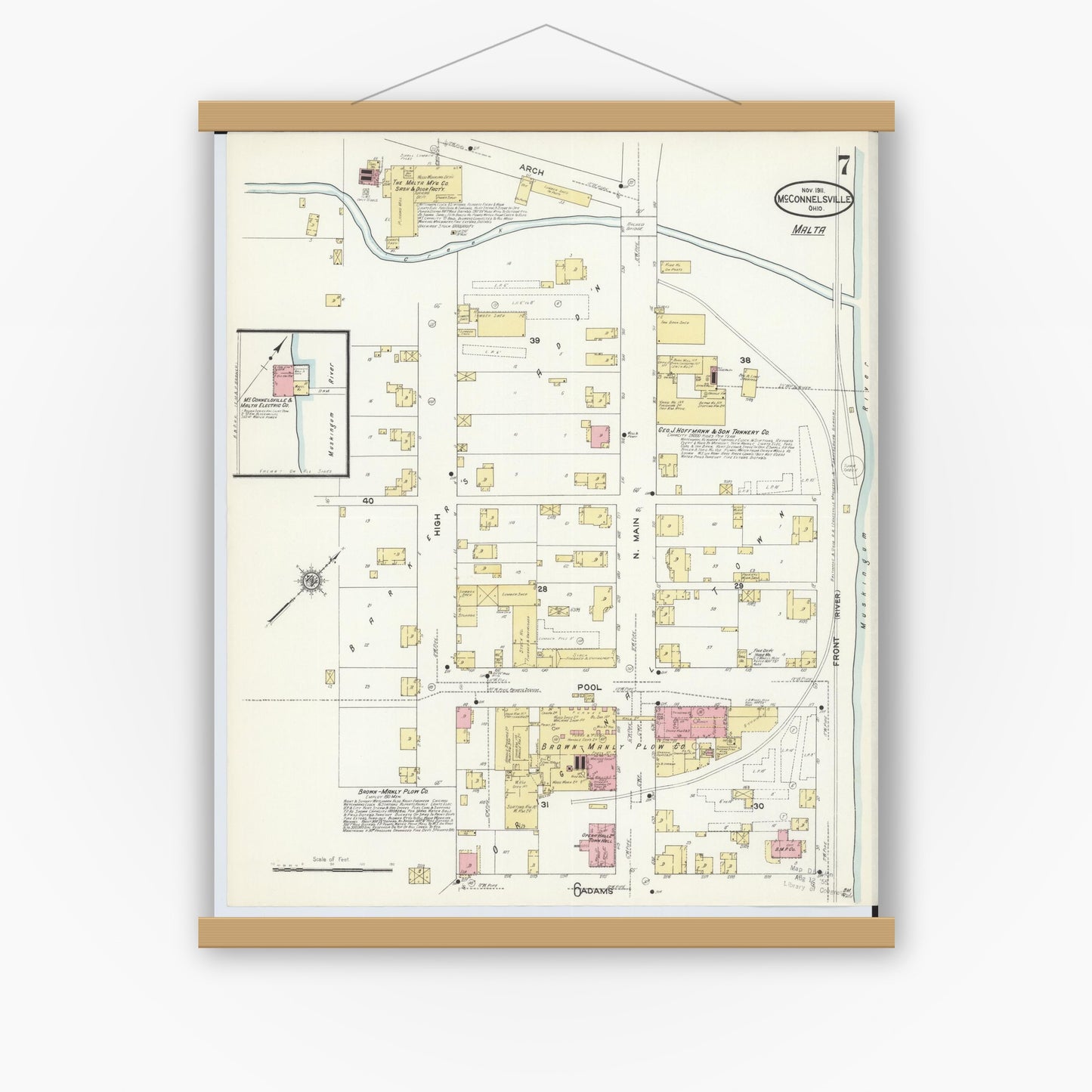 Old map wall art mockup — magnetic wood frame on white wall — Sanborn Fire Insurance Map from McConnelsville, Morgan County, Ohio (1911), Sheet #0007