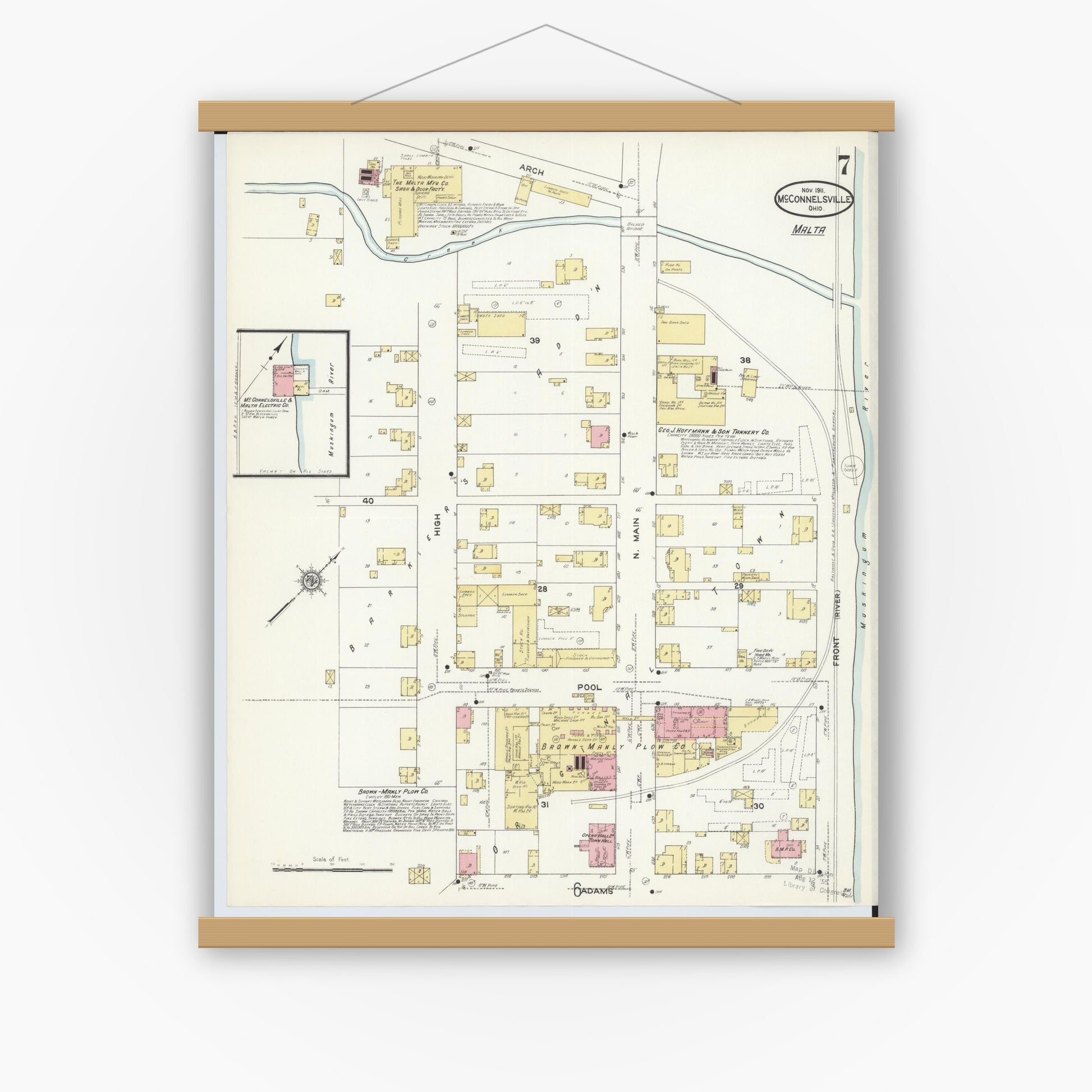 Old map wall art mockup — magnetic wood frame on white wall — Sanborn Fire Insurance Map from McConnelsville, Morgan County, Ohio (1911), Sheet #0007