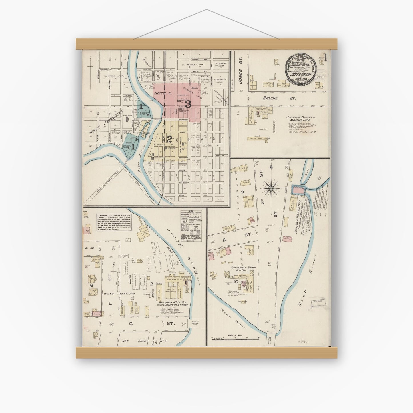 Old map wall art mockup — magnetic wood frame on white wall — Sanborn Fire Insurance Map from Jefferson, Jefferson County, Wisconsin (1884), Sheet #0001