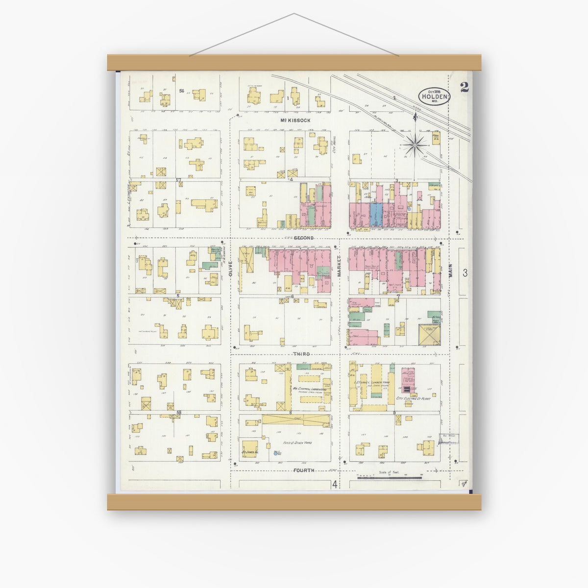 Old map wall art mockup — magnetic wood frame on white wall — Sanborn Fire Insurance Map from Holden, Johnson County, Missouri (1898), Sheet #0002