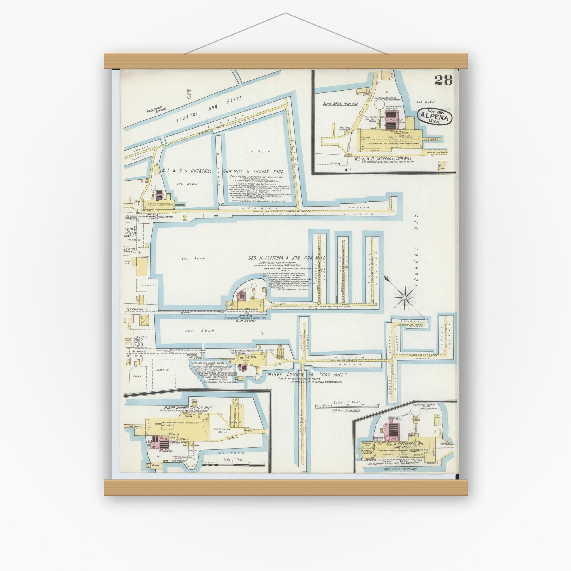 Old map wall art mockup — magnetic wood frame on white wall — Sanborn Fire Insurance Map from Alpena, Alpena County, Michigan (1895), Sheet #0028