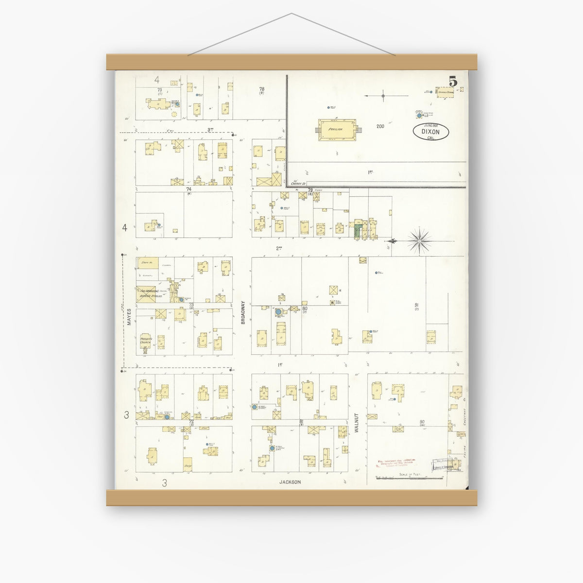 Old map wall art mockup — magnetic wood frame on white wall — Sanborn Fire Insurance Map from Dixon, Solano County, California (1900), Sheet #0005