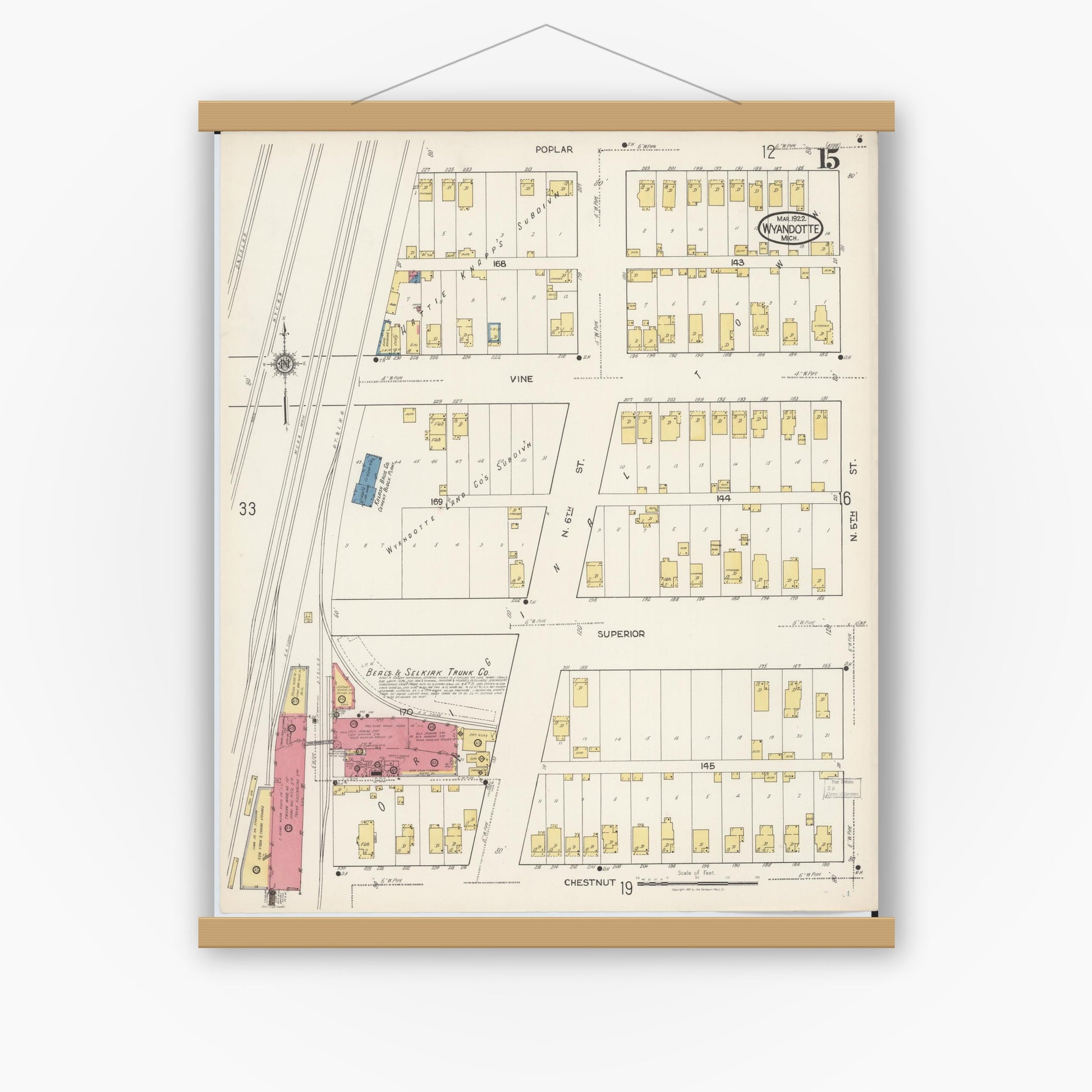 Old map wall art mockup — magnetic wood frame on white wall — Sanborn Fire Insurance Map from Wyandotte, Wayne County, Michigan (1922), Sheet #0015