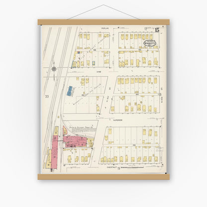 Old map wall art mockup — magnetic wood frame on white wall — Sanborn Fire Insurance Map from Wyandotte, Wayne County, Michigan (1922), Sheet #0015