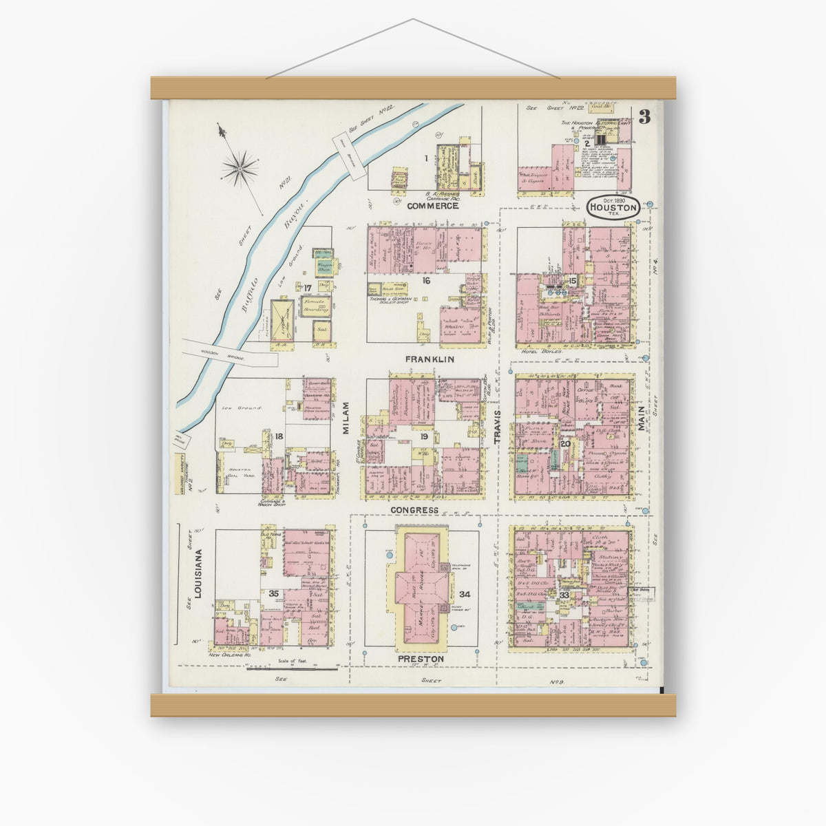 Old map wall art mockup — magnetic wood frame on white wall — Sanborn Fire Insurance Map from Houston, Harris County, Texas (1890), Sheet #0003