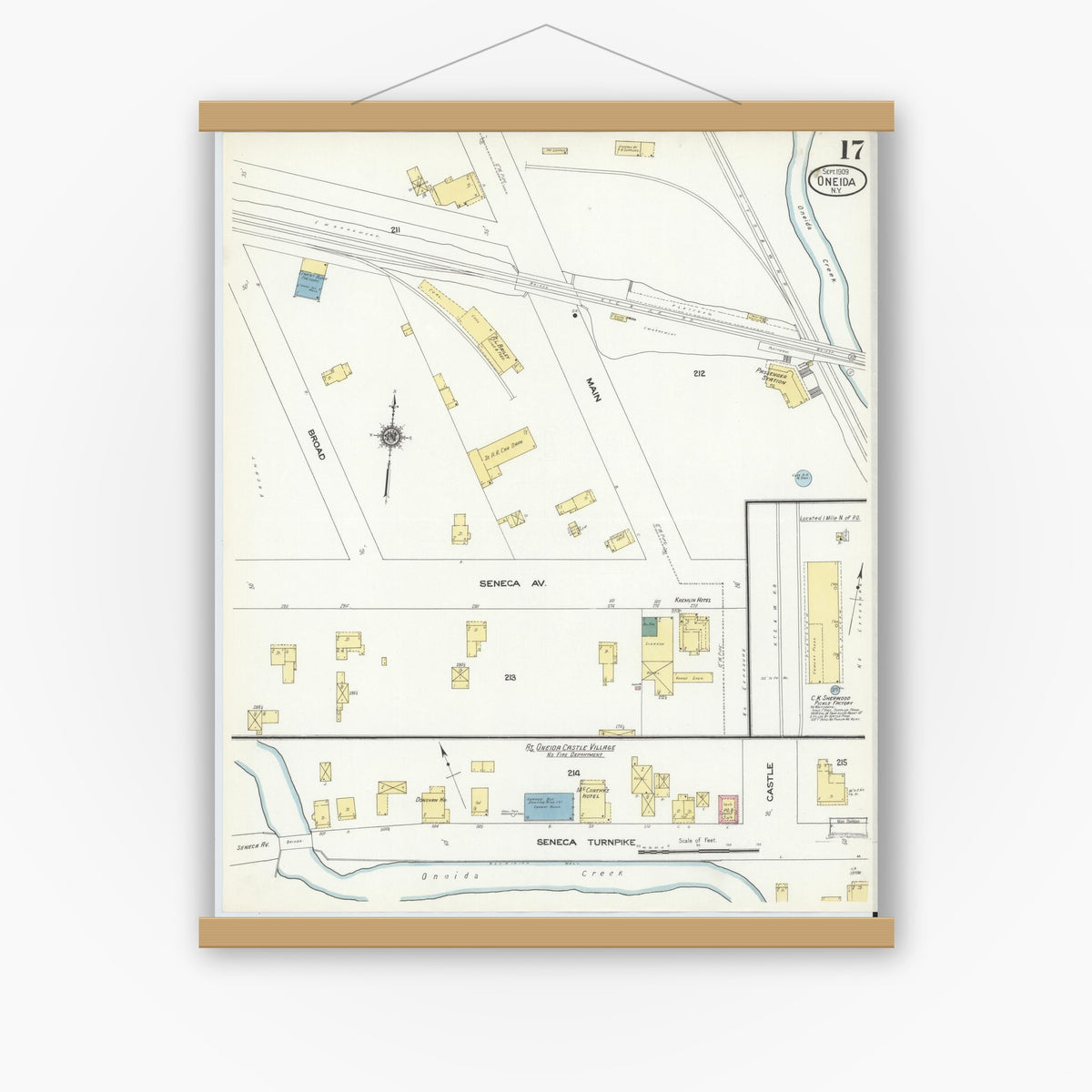Old map wall art mockup — magnetic wood frame on white wall — Sanborn Fire Insurance Map from Oneida, Madison County, New York (1909), Sheet #0017