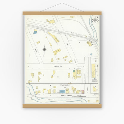 Old map wall art mockup — magnetic wood frame on white wall — Sanborn Fire Insurance Map from Oneida, Madison County, New York (1909), Sheet #0017