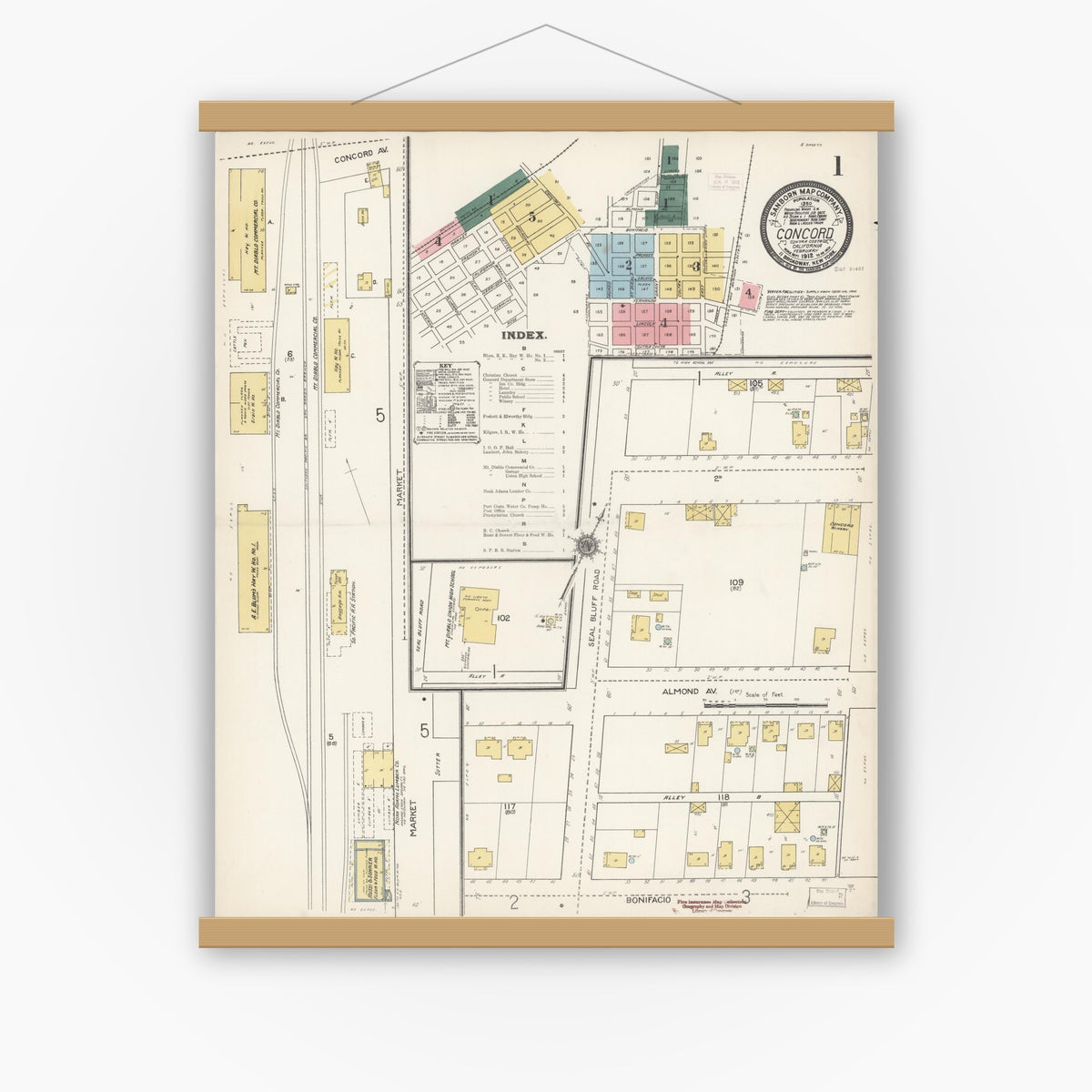 Old map wall art mockup — magnetic wood frame on white wall — Sanborn Fire Insurance Map from Concord, Contra Costa County, California (1912), Sheet #0001
