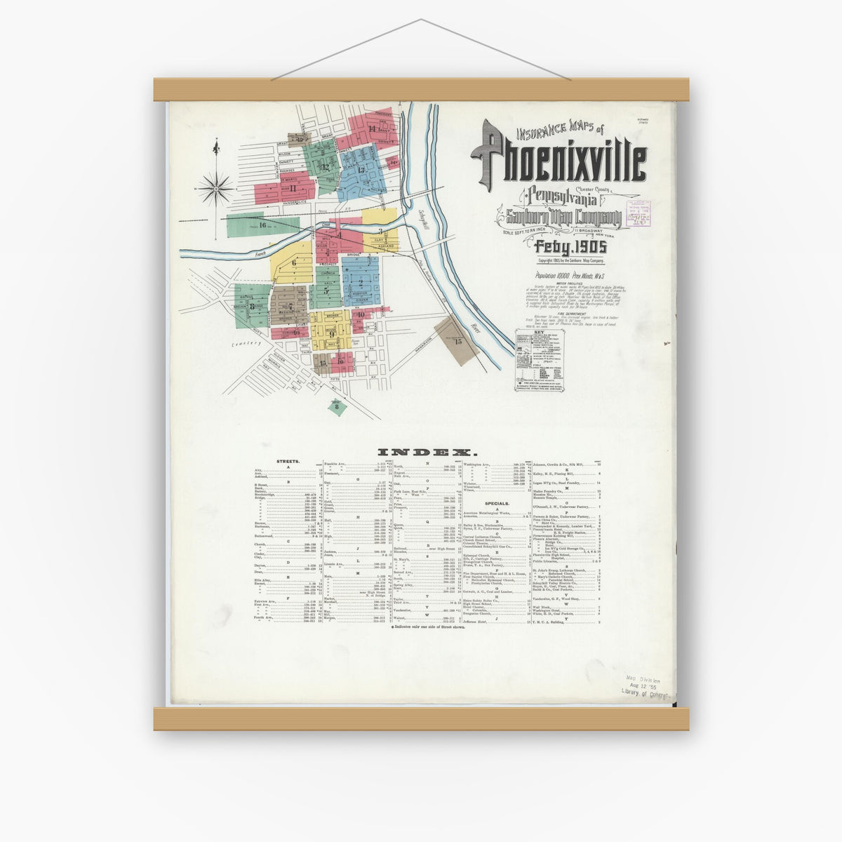 Old map wall art mockup — magnetic wood frame on white wall — Sanborn Fire Insurance Map from Phoenixville, Chester County, Pennsylvania (1906) - Complete Map Set