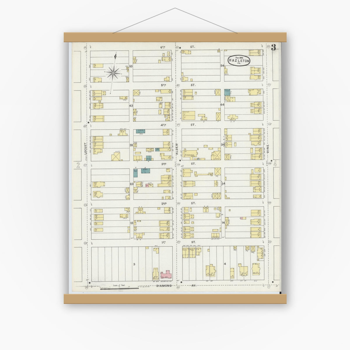 Old map wall art mockup — magnetic wood frame on white wall — Sanborn Fire Insurance Map from Hazleton, Luzerne County, Pennsylvania (1895), Sheet #0003