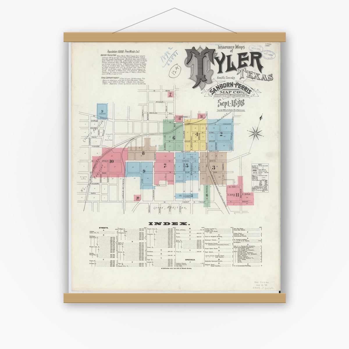 Old map wall art mockup — magnetic wood frame on white wall — Sanborn Fire Insurance Map from Tyler, Smith County, Texas (1898), Sheet #0001