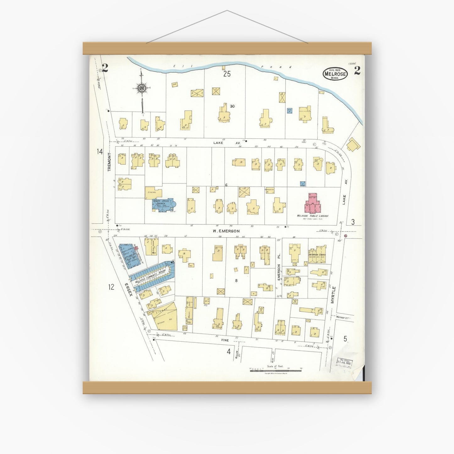 Old map wall art mockup — magnetic wood frame on white wall — Sanborn Fire Insurance Map from Melrose, Middlesex County, Massachusetts (1923), Sheet #0002