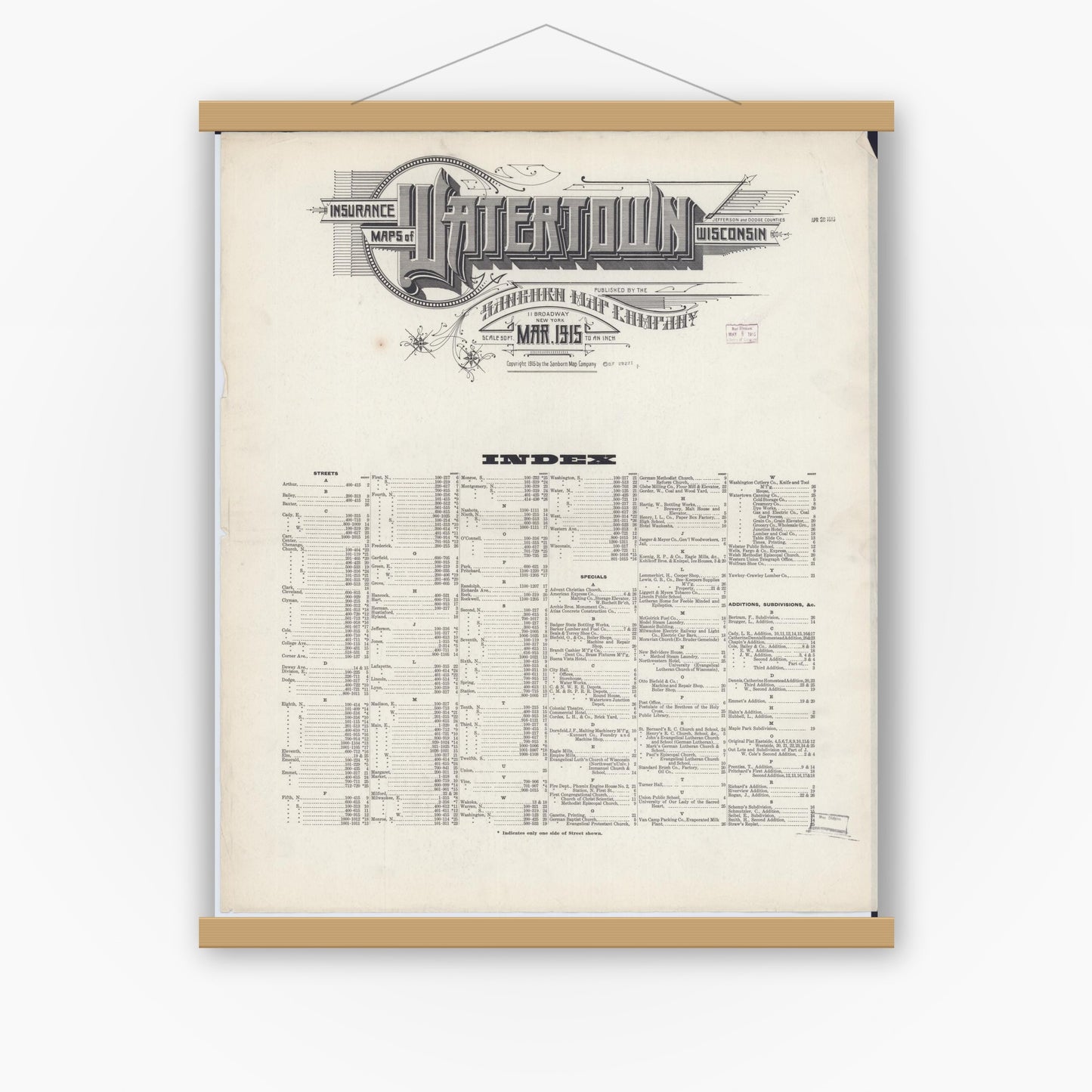 Old map wall art mockup — magnetic wood frame on white wall — Sanborn Fire Insurance Map from Watertown, Jefferson County, Wisconsin (1915) - Complete Map Set