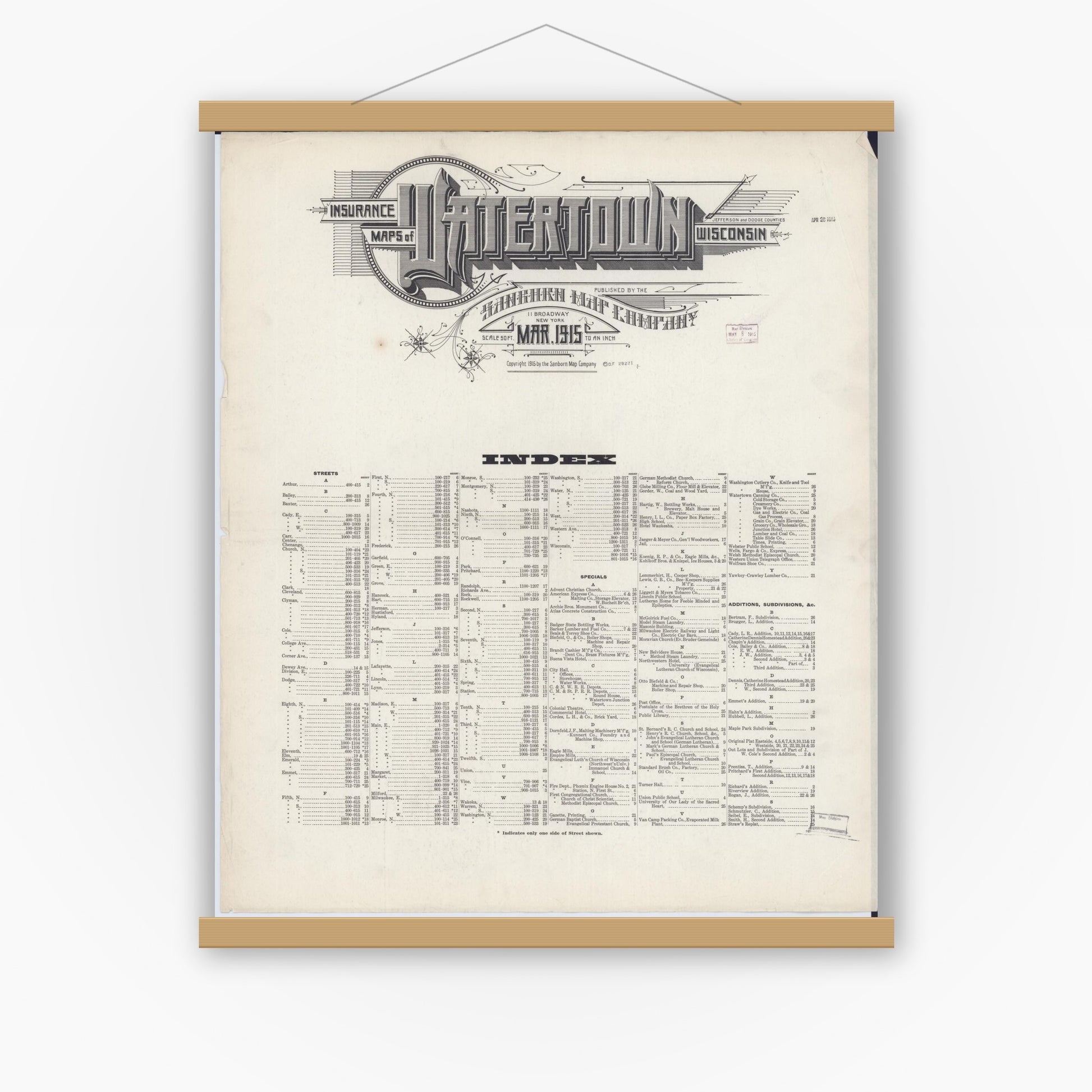 Old map wall art mockup — magnetic wood frame on white wall — Sanborn Fire Insurance Map from Watertown, Jefferson County, Wisconsin (1915) - Complete Map Set