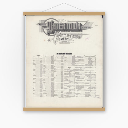 Old map wall art mockup — magnetic wood frame on white wall — Sanborn Fire Insurance Map from Watertown, Jefferson County, Wisconsin (1915) - Complete Map Set