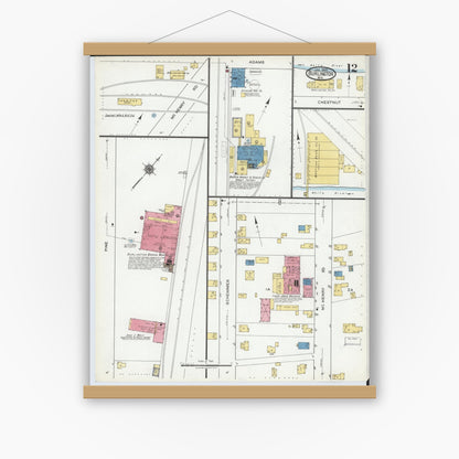 Old map wall art mockup — magnetic wood frame on white wall — Sanborn Fire Insurance Map from Burlington, Racine County, Wisconsin (1920), Sheet #0012