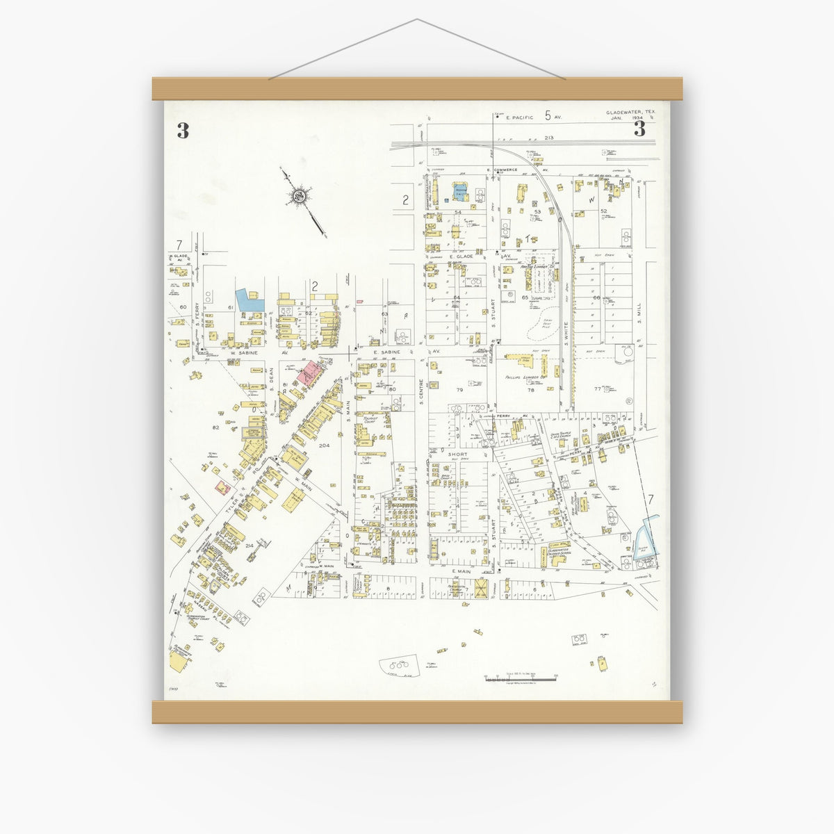 Old map wall art mockup — magnetic wood frame on white wall — Sanborn Fire Insurance Map from Gladewater, Gregg County, Texas (1934), Sheet #0003