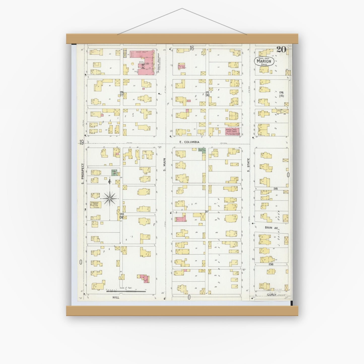 Old map wall art mockup — magnetic wood frame on white wall — Sanborn Fire Insurance Map from Marion, Marion County, Ohio (1900), Sheet #0020