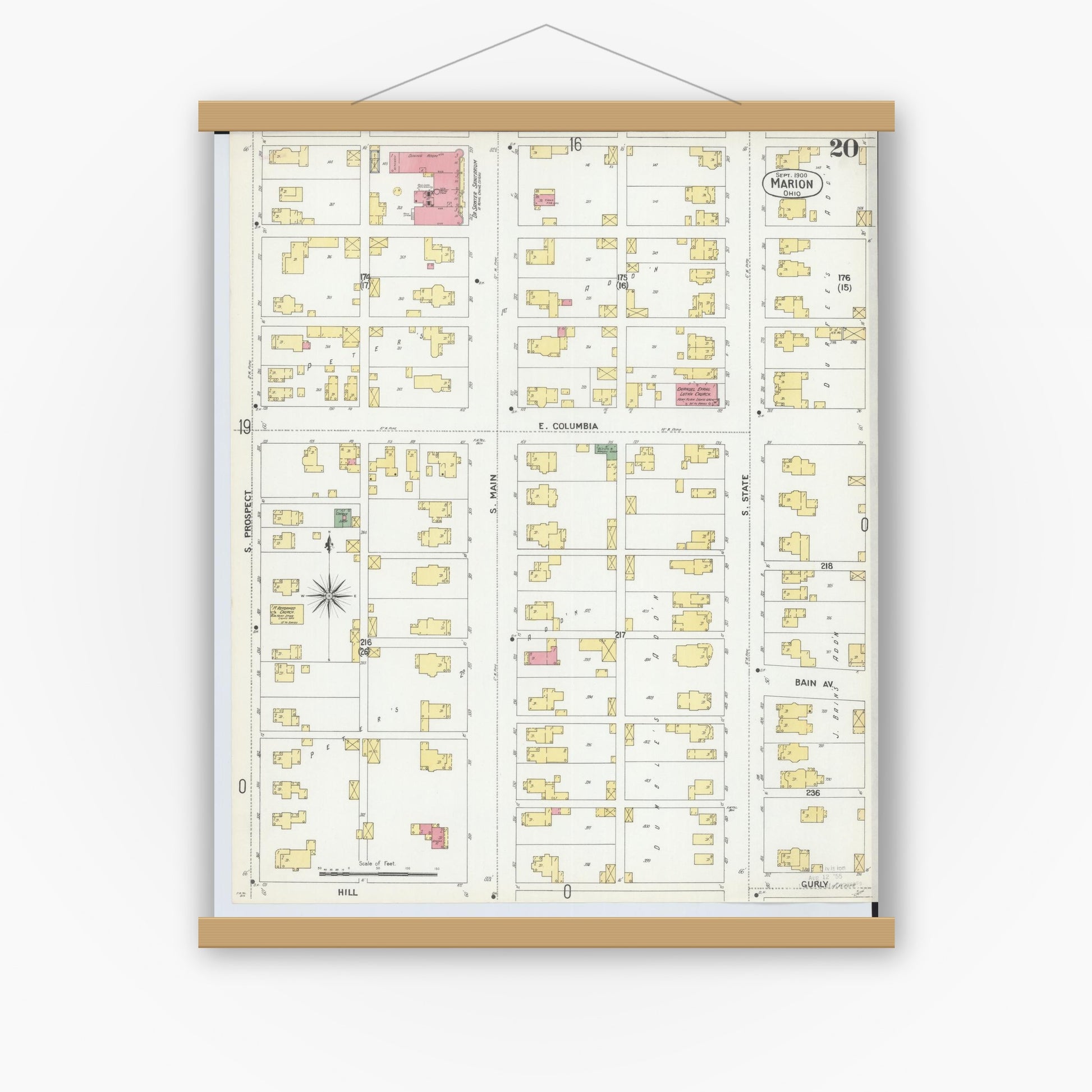Old map wall art mockup — magnetic wood frame on white wall — Sanborn Fire Insurance Map from Marion, Marion County, Ohio (1900), Sheet #0020