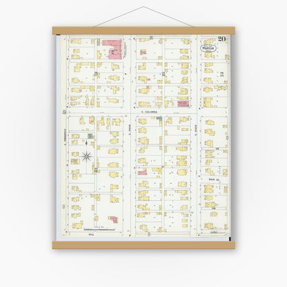 Old map wall art mockup — magnetic wood frame on white wall — Sanborn Fire Insurance Map from Marion, Marion County, Ohio (1900), Sheet #0020
