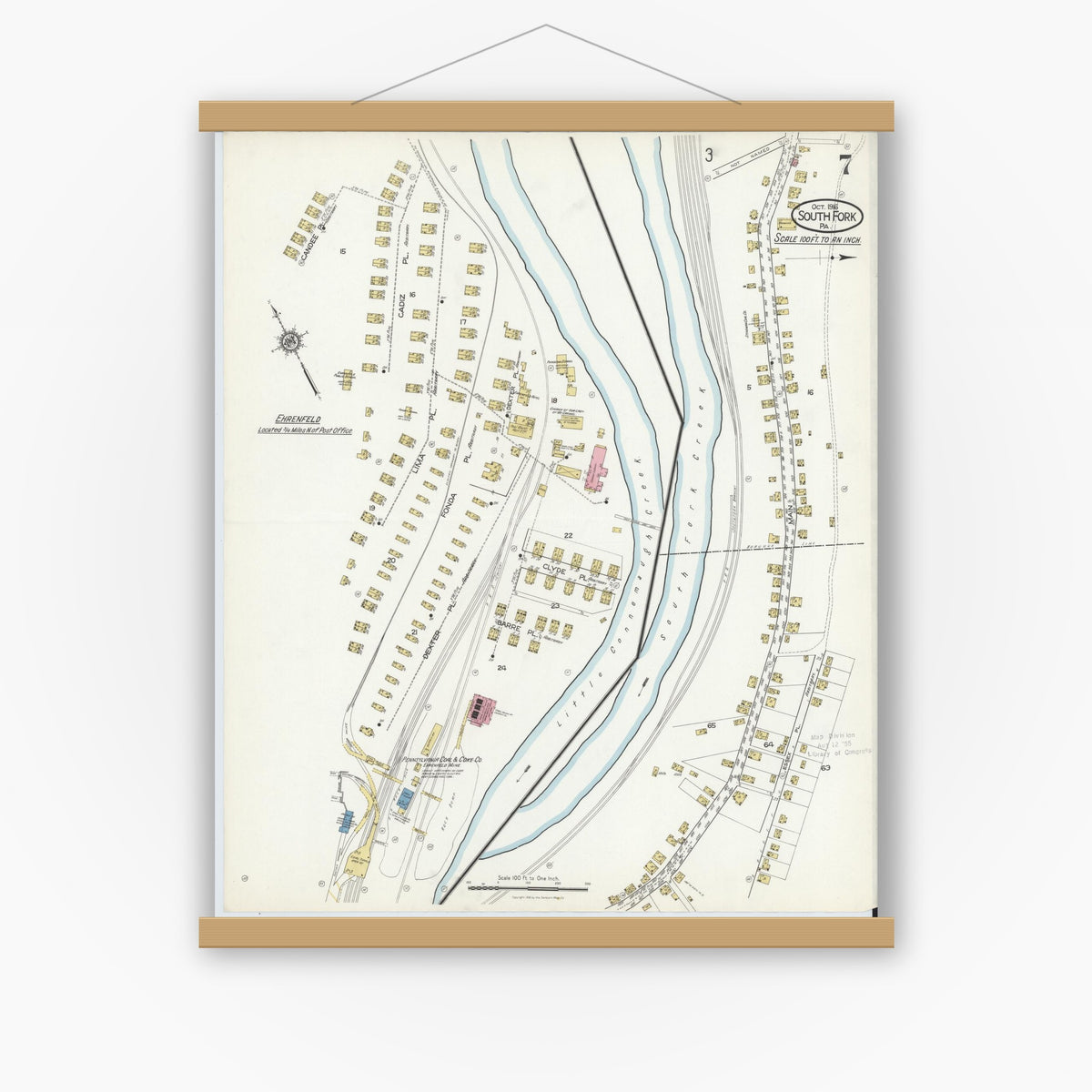 Old map wall art mockup — magnetic wood frame on white wall — Sanborn Fire Insurance Map from South Fork, Cambria County, Pennsylvania (1916), Sheet #0007