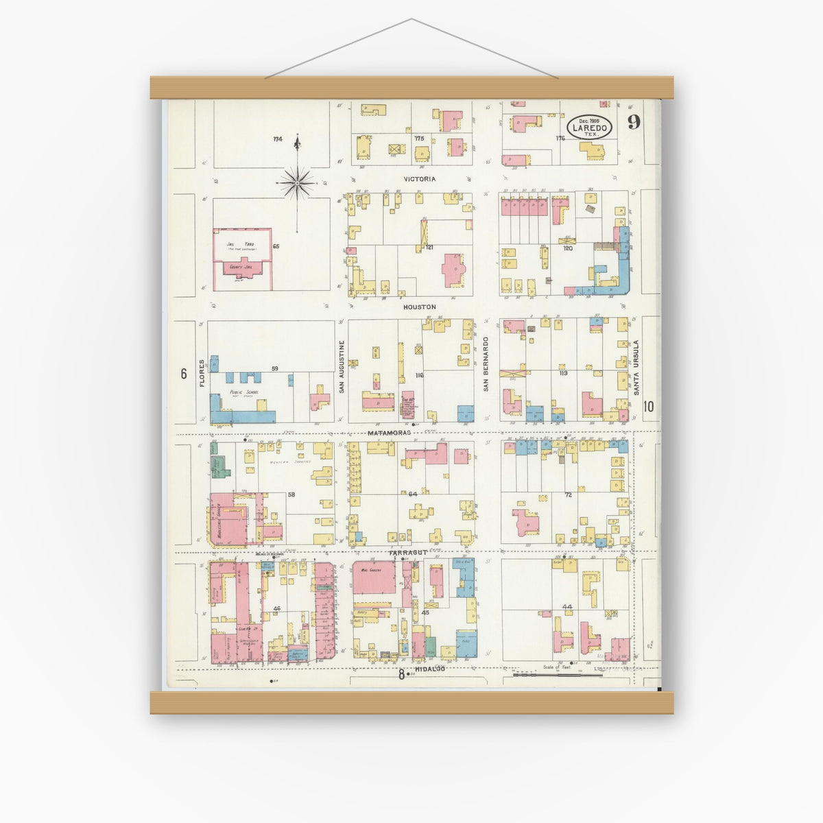Old map wall art mockup — magnetic wood frame on white wall — Sanborn Fire Insurance Map from Laredo, Webb County, Texas (1905), Sheet #0009