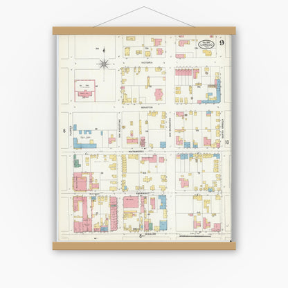 Old map wall art mockup — magnetic wood frame on white wall — Sanborn Fire Insurance Map from Laredo, Webb County, Texas (1905), Sheet #0009