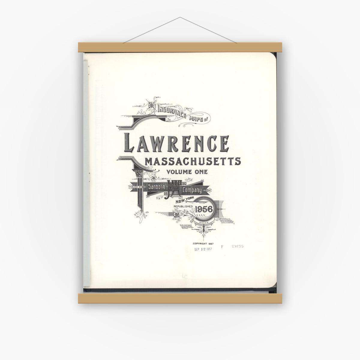 Old map wall art mockup — magnetic wood frame on white wall — Sanborn Fire Insurance Map from Lawrence, Essex County, Massachusetts (1956), Sheet #0001