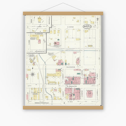 Old map wall art mockup — magnetic wood frame on white wall — Sanborn Fire Insurance Map from Monticello, Piatt County, Illinois (1909), Sheet #0002