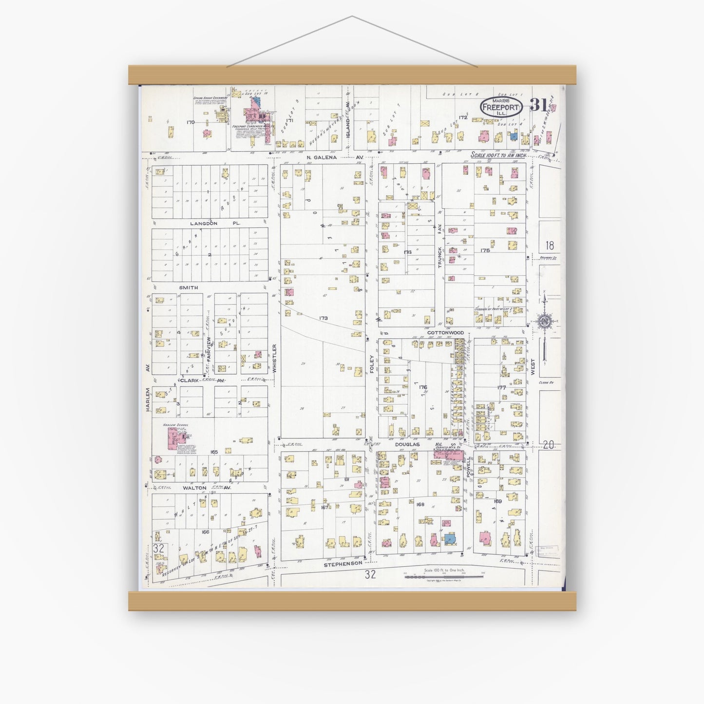 Old map wall art mockup — magnetic wood frame on white wall — Sanborn Fire Insurance Map from Freeport, Stephenson County, Illinois (1918), Sheet #0031