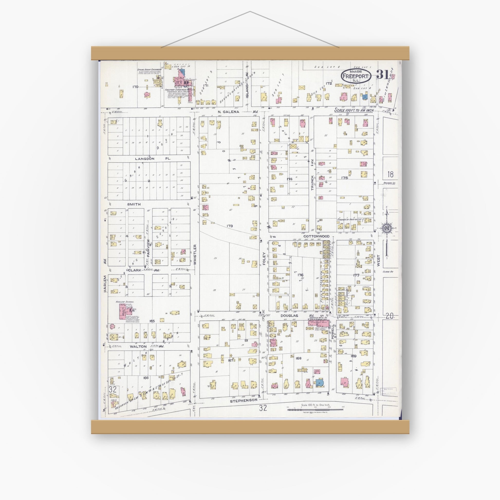 Old map wall art mockup — magnetic wood frame on white wall — Sanborn Fire Insurance Map from Freeport, Stephenson County, Illinois (1918), Sheet #0031