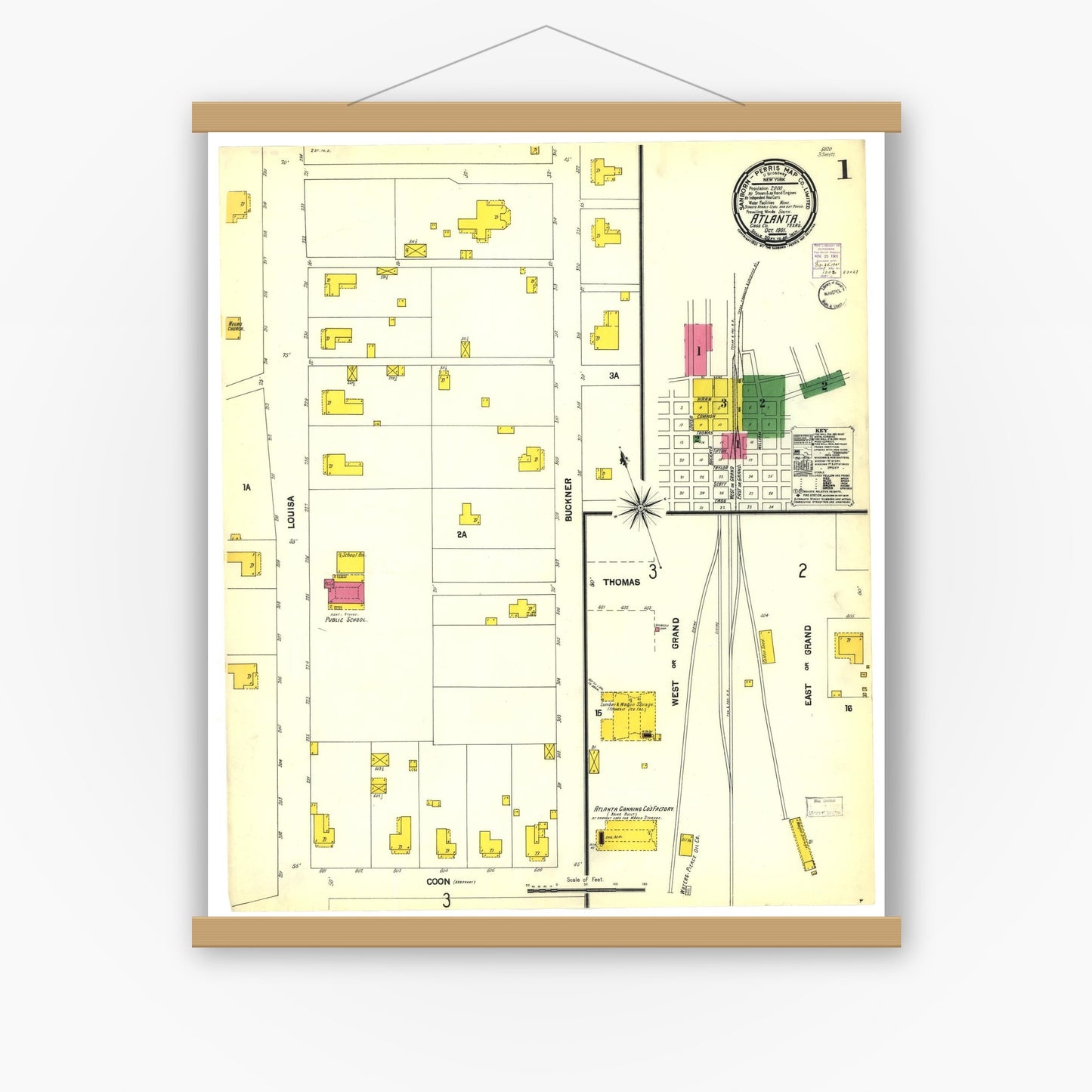 Old map wall art mockup — magnetic wood frame on white wall — Sanborn Fire Insurance Map from Atlanta, Cass County, Texas (1901), Sheet #0001