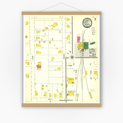 Old map wall art mockup — magnetic wood frame on white wall — Sanborn Fire Insurance Map from Atlanta, Cass County, Texas (1901), Sheet #0001