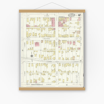 Old map wall art mockup — magnetic wood frame on white wall — Sanborn Fire Insurance Map from Lock Haven, Clinton County, Pennsylvania (1914), Sheet #0011