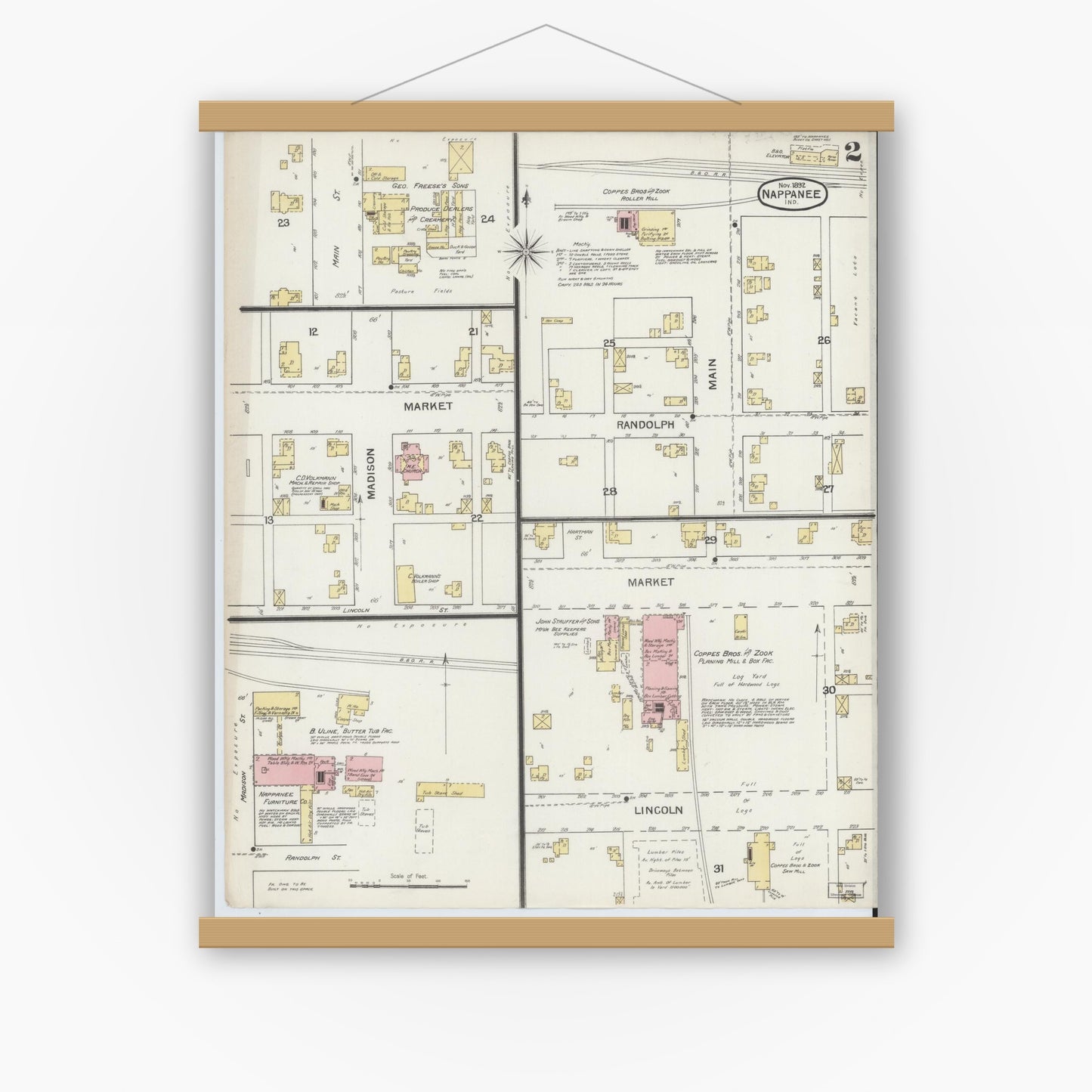 Old map wall art mockup — magnetic wood frame on white wall — Sanborn Fire Insurance Map from Nappanee, Elkhart County, Indiana (1892), Sheet #0002