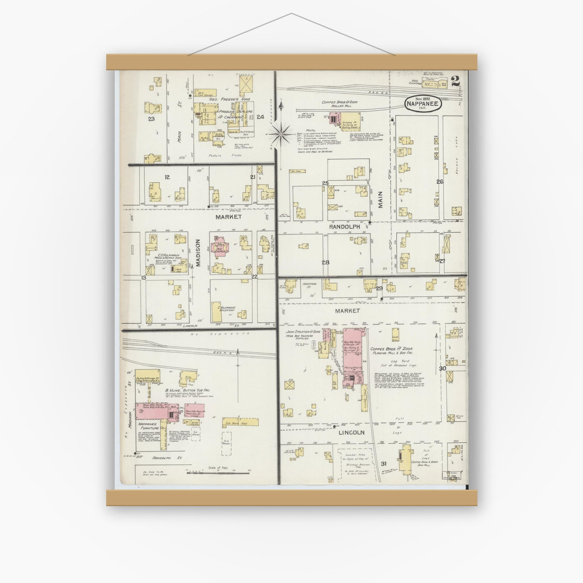 Old map wall art mockup — magnetic wood frame on white wall — Sanborn Fire Insurance Map from Nappanee, Elkhart County, Indiana (1892), Sheet #0002