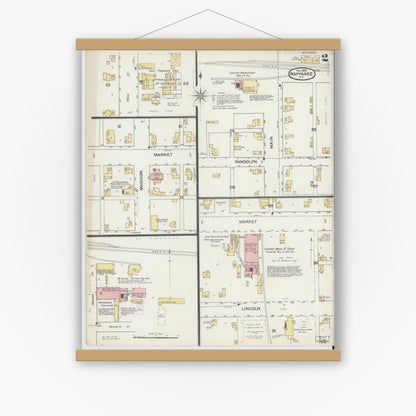 Old map wall art mockup — magnetic wood frame on white wall — Sanborn Fire Insurance Map from Nappanee, Elkhart County, Indiana (1892), Sheet #0002