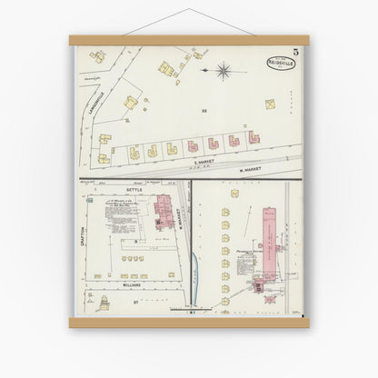 Old map wall art mockup — magnetic wood frame on white wall — Sanborn Fire Insurance Map from Reidsville, Rockingham County, North Carolina (1890), Sheet #0005