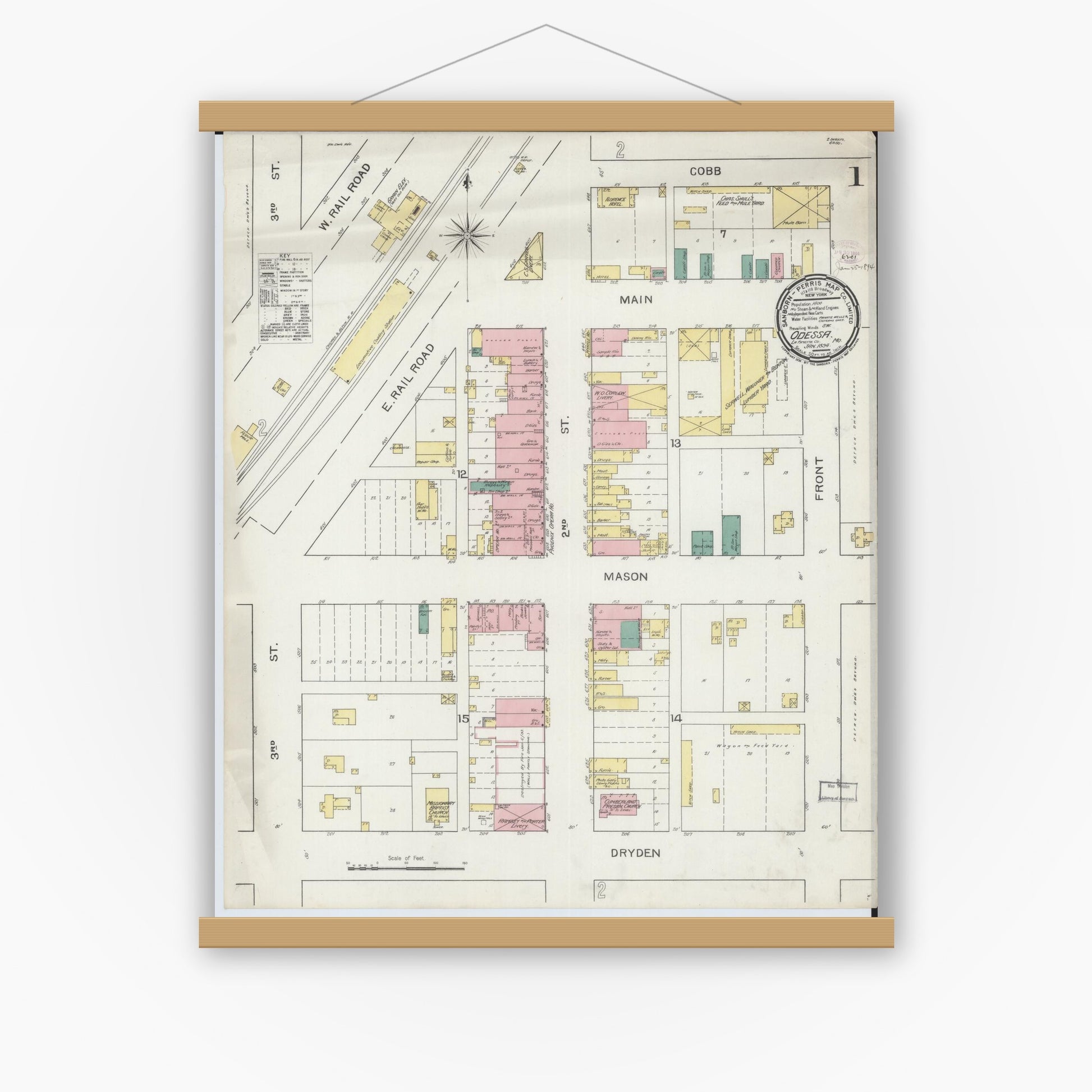 Old map wall art mockup — magnetic wood frame on white wall — Sanborn Fire Insurance Map from Odessa, Lafayette County, Missouri (1894) - Complete Map Set