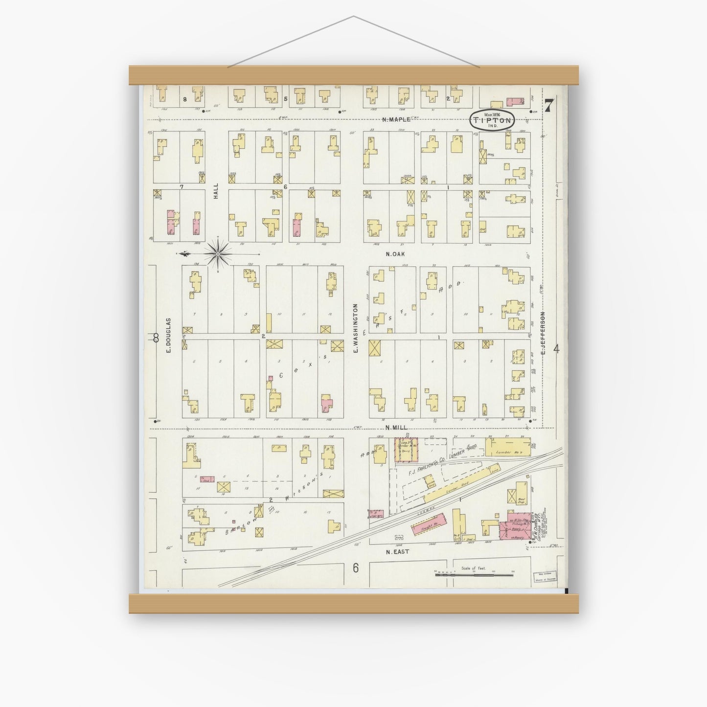 Old map wall art mockup — magnetic wood frame on white wall — Sanborn Fire Insurance Map from Tipton, Tipton County, Indiana (1896), Sheet #0007
